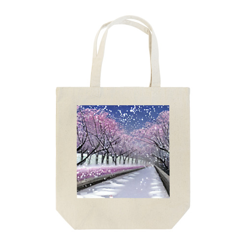 夜の桜並木に雪 トートバッグ