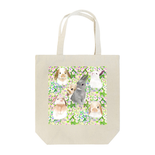 パンジーのお花畑とかわいいうさぎたちのシームレスパターンイラスト Tote Bag