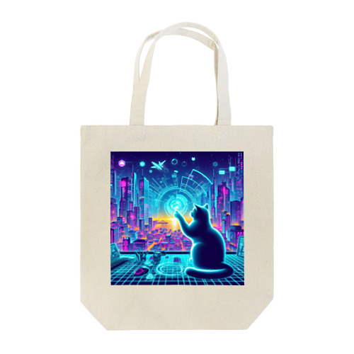 サイバー都市でホログラフィックな街並みを楽しむネコ Tote Bag