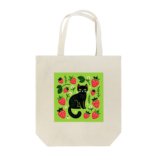 北欧風⑥刺繍柄の猫とイチゴ Tote Bag
