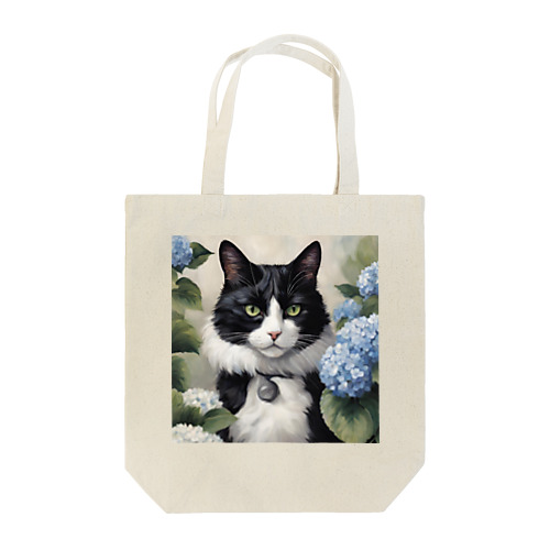 ハチワレ猫白黒と紫陽花 トートバッグ