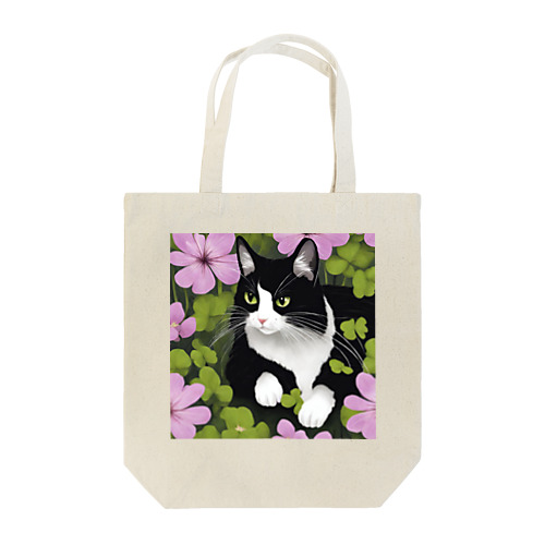 ハチワレ白黒猫とオキザリス Tote Bag
