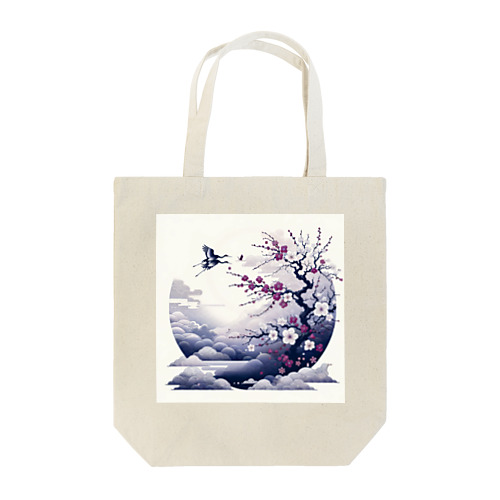 白背景の和風夜景 - 月と梅と鶴 Tote Bag