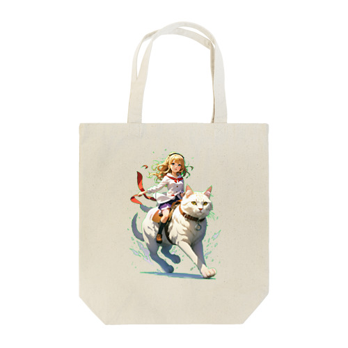 Girl Ride on Cat Tote Bag