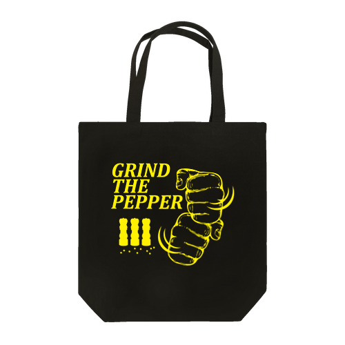 ペッパーミル・パフォーマンス(GRIND THE PEPPER)胡椒挽き・文字イエロー トートバッグ