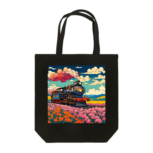 日本の風景:花畑の中をはしるSL 蒸気機関車、Japanese senery: SL steam locomotive running through a flower field Tote Bag