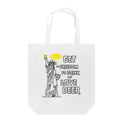 彫刻 × BEER（自由の女神・ビールを飲み愛する自由をその手に）黒線画-袋文字 トートバッグ