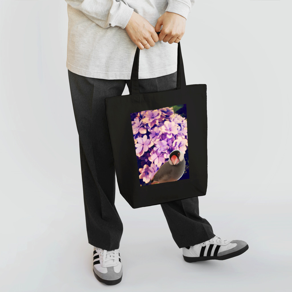 harupink🌸ペット似顔絵illustのノスタルジーな紫陽花と文鳥さん トートバッグ