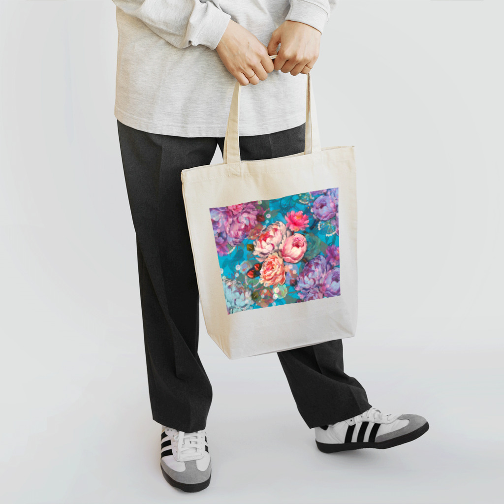 NORIMA'S SHOP の薔薇、芍薬、牡丹のボタニカルブーケと螺鈿模様の壁紙イラスト トートバッグ