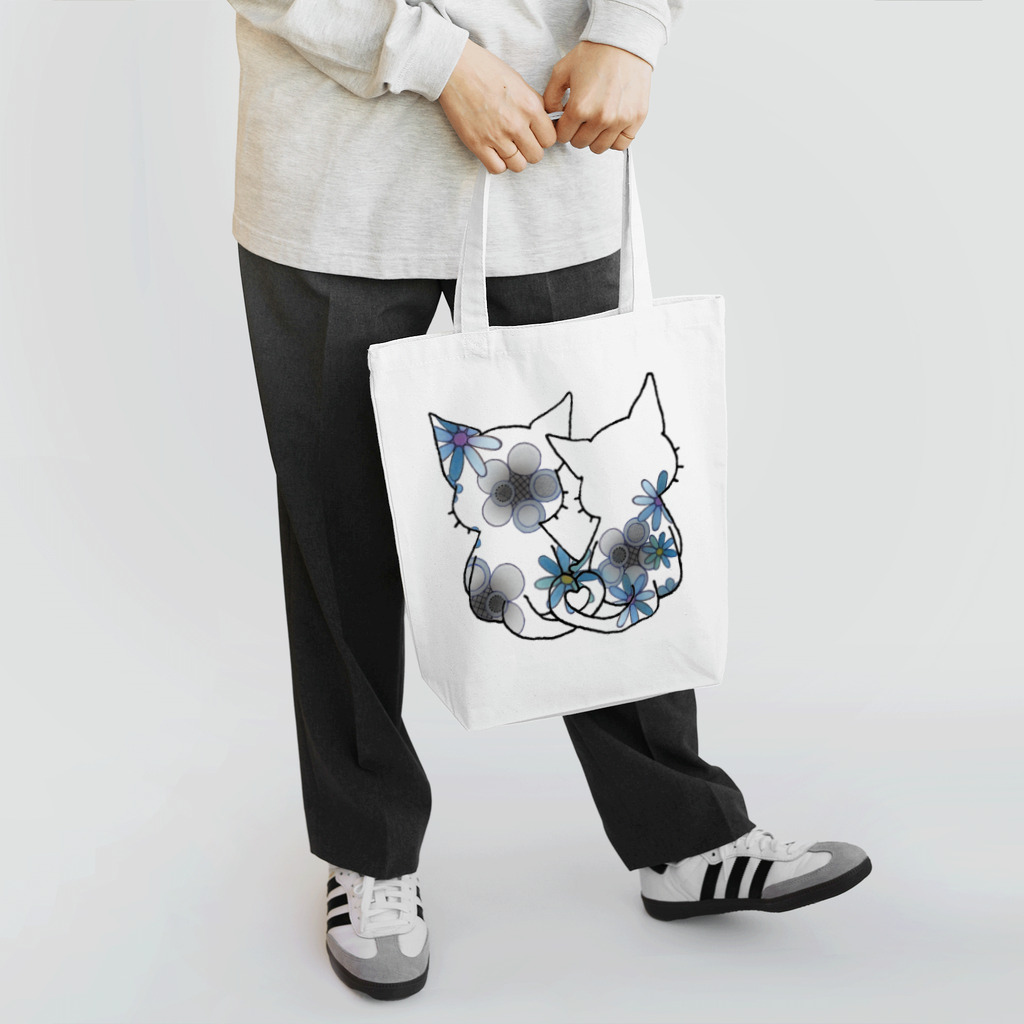 CLOVER-SHOKOのネコ＊なかよし♪　花モノクロ Tote Bag