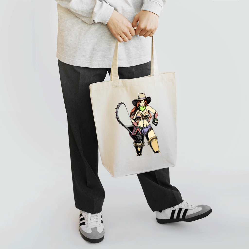 illust_designs_labのアメリカンコミック（アメコミ）風 セクシーなチェーンソーを持ったカウガール Tote Bag