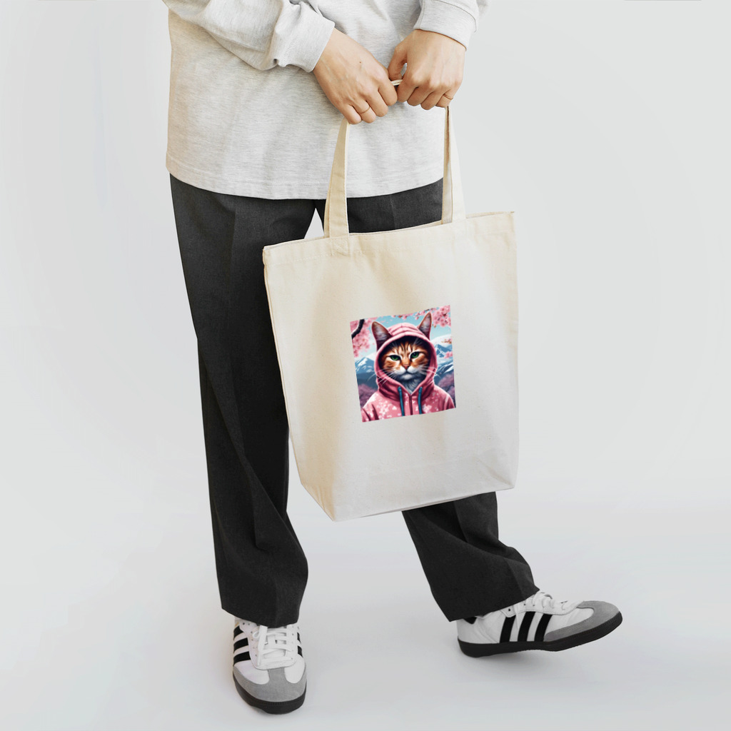 オシャンな動物達^_^の桜舞うなかオシャン猫 Tote Bag