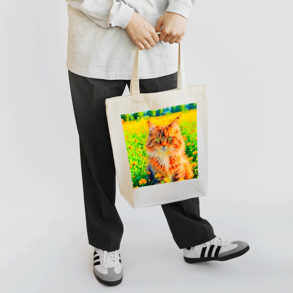 猫好きの谷の猫の水彩画/花畑のサイベリアンねこのイラスト/キジトラネコ トートバッグ