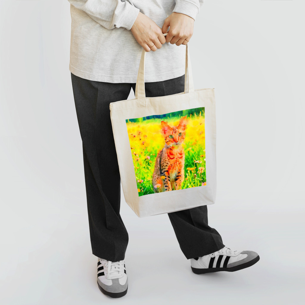 猫好きの谷の猫の水彩画/花畑のオシキャットねこのイラスト/キジトラネコ トートバッグ