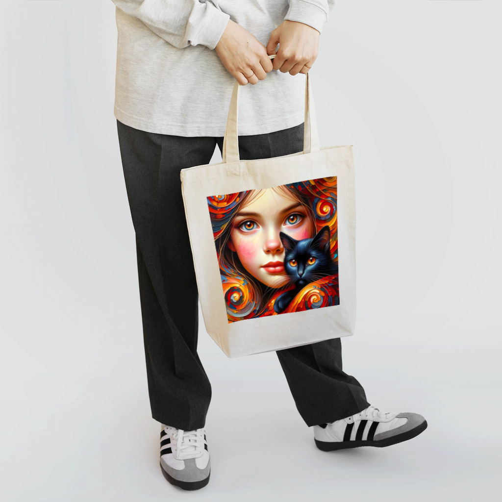 DeenaDeeのHarmonious Waltz: A Girl and Her Midnight Cat Tote Bag