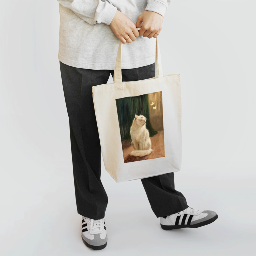 猫アートグッズのアーサー・ヘイヤー 《白猫と2匹のブリムストーン蝶》 Tote Bag