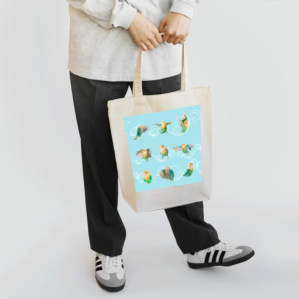 tokyoShioriのコザクラインコ水浴び連続模様・水色 Tote Bag