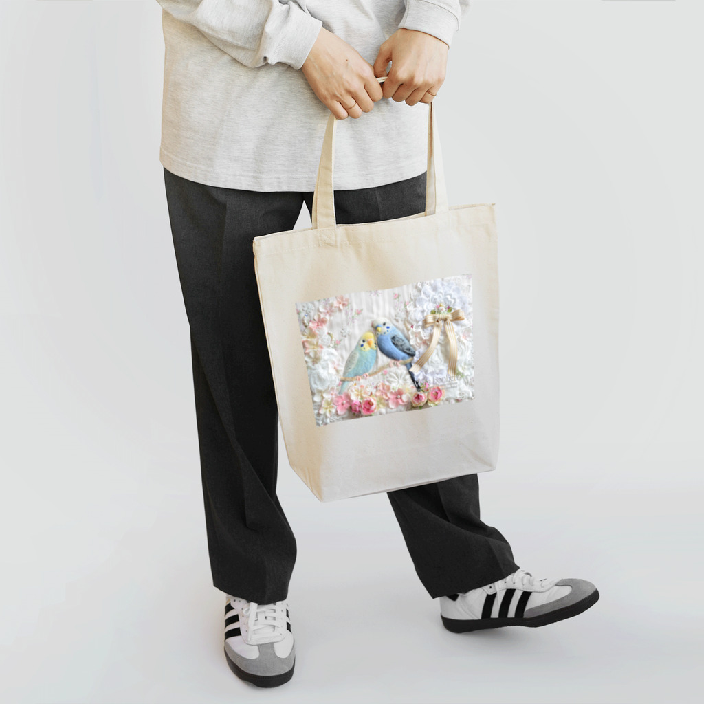 しみずゆうこ(^^)うさぎとインコの羊毛刺繍のインコ１レインボー トートバッグ