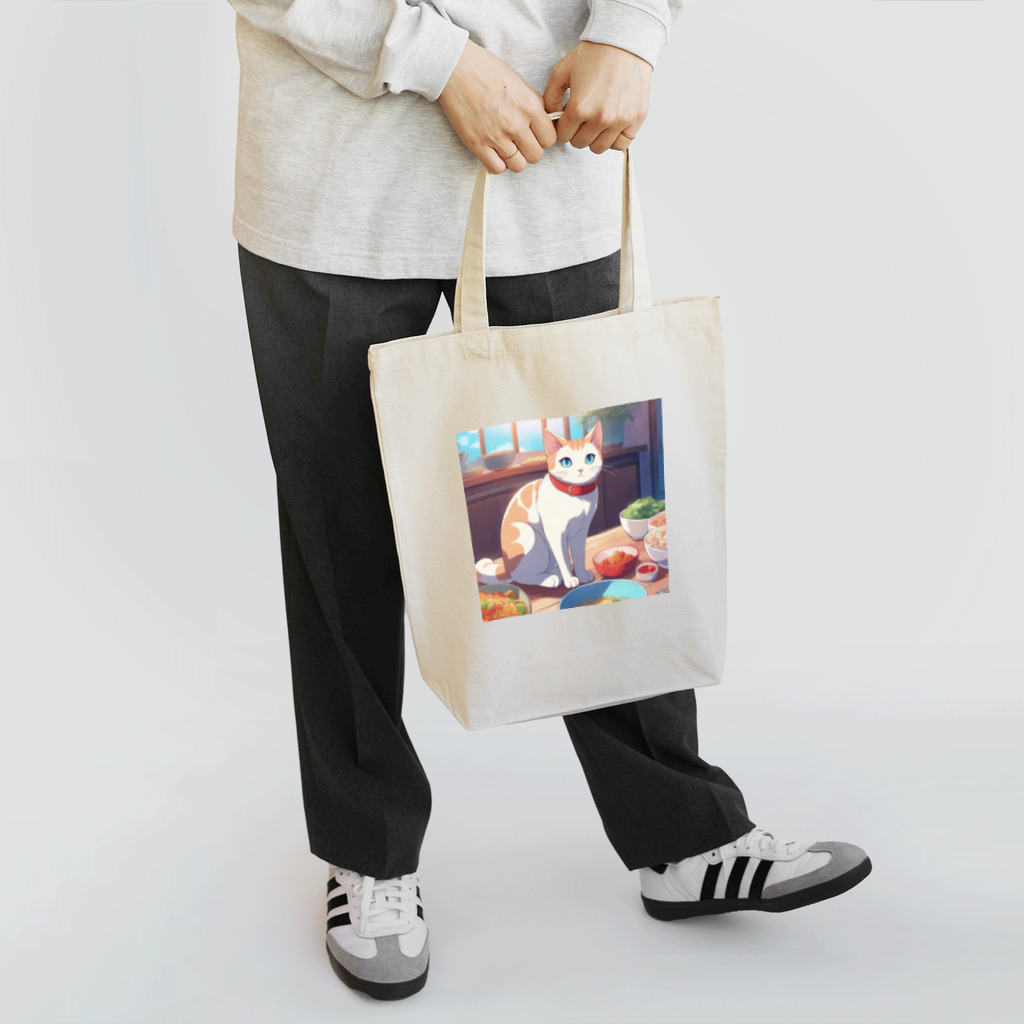 ニコちゃんのご飯の前で座り込む仕草の猫 Tote Bag