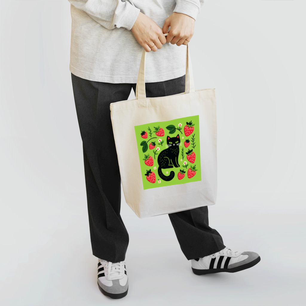 La-peaceの北欧風⑥刺繍柄の猫とイチゴ Tote Bag