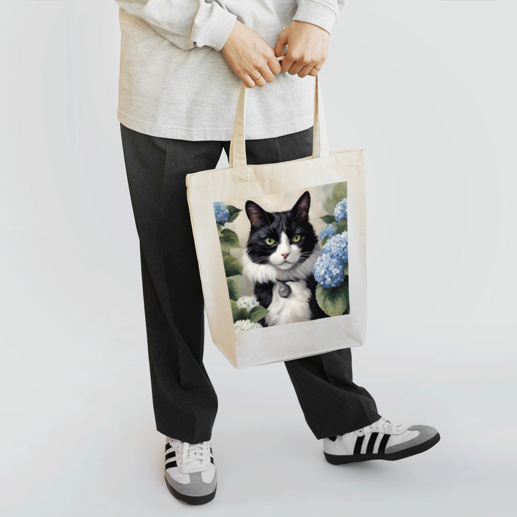 capcat1919のハチワレ猫白黒と紫陽花 Tote Bag