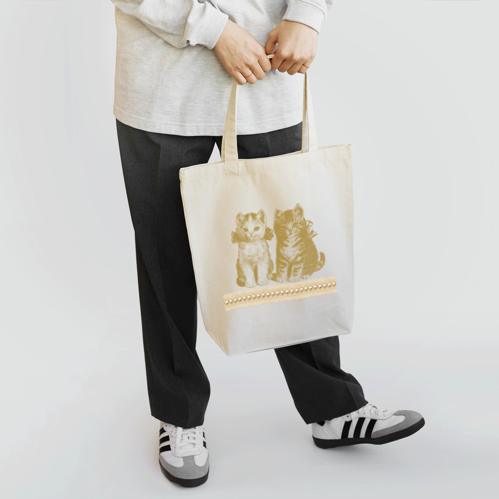 海賊猫 cocoの『こねこ はじめてのおよばれ』② パリ雑貨風 アンティーク・イラスト風 レースと真珠 トートバッグ