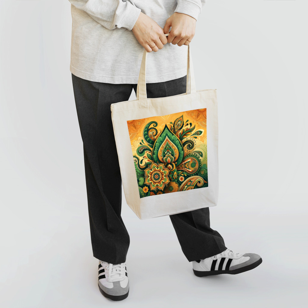 saqui.comの黄色と緑のインド柄 Tote Bag