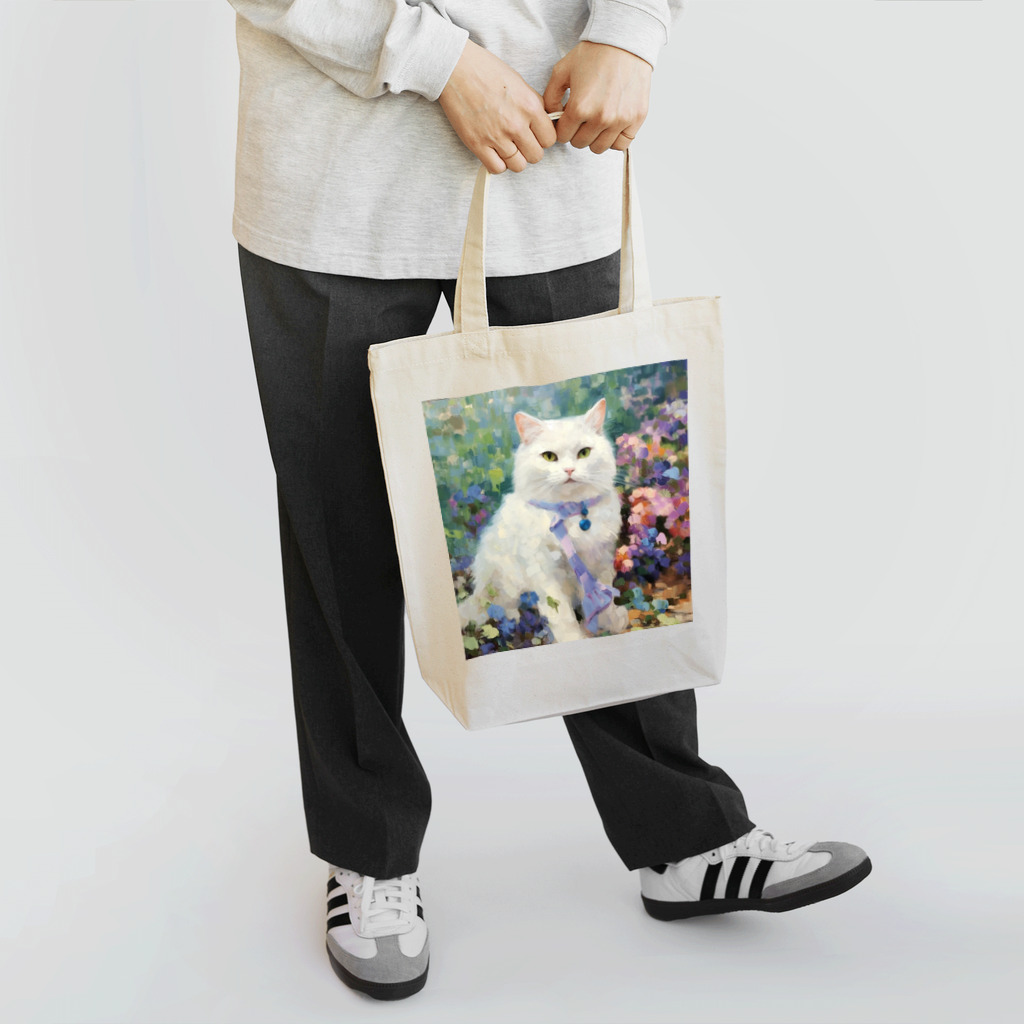 apricot-artのオシャレな白猫とフラワーガーデン Tote Bag