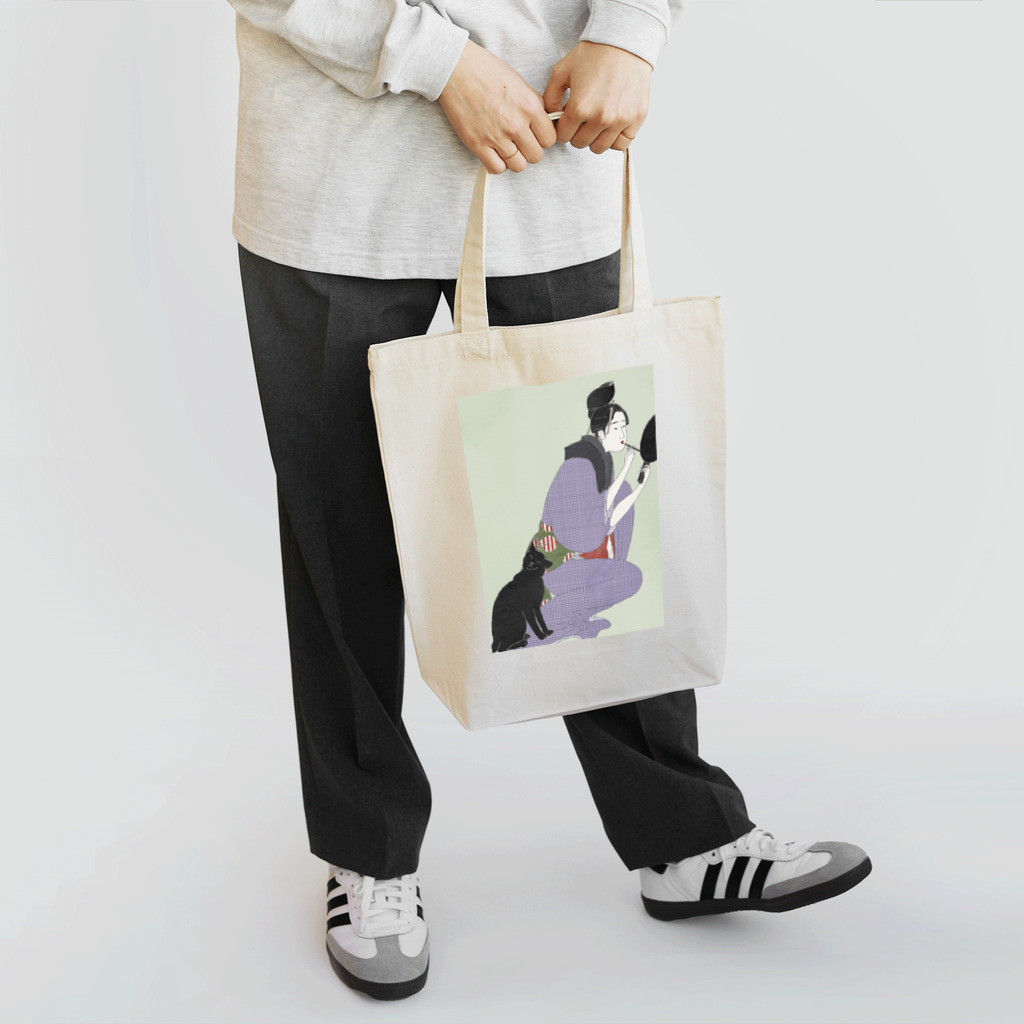 keeeeeep smilingの口紅を塗る女とスリスリする猫 Tote Bag