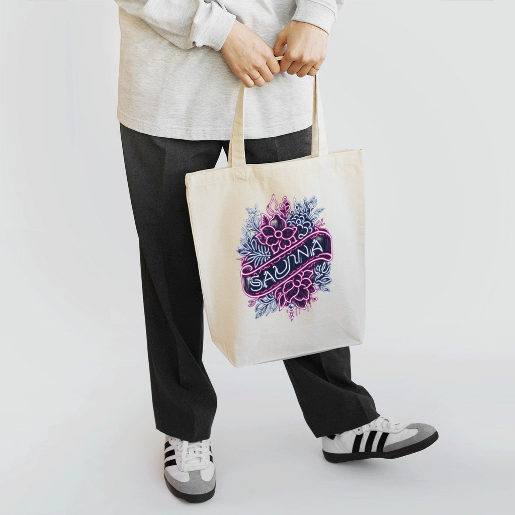 N SAUNA LOGOのネオン風花柄サウナロゴ11　花柄ver.4 Tote Bag