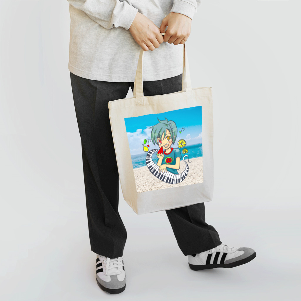 さくらんぼねこのスイカとピアノが大好きな少年 Tote Bag