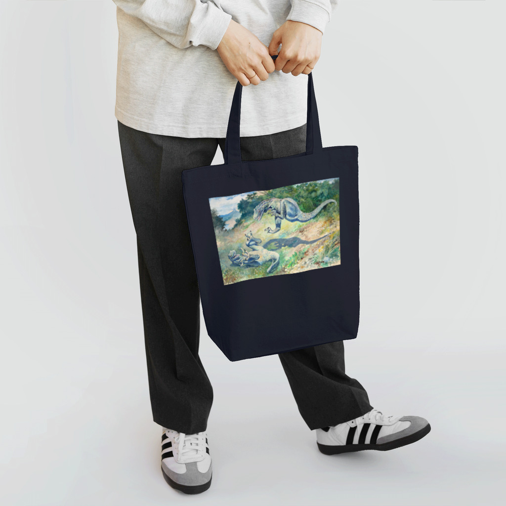 旨味教授といちごもちぷりんの戦う二匹のドリプトサウルス Tote Bag