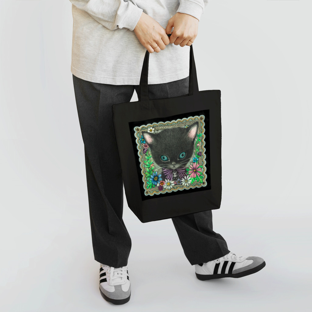 山田雨月shopの黒猫フラワー Tote Bag