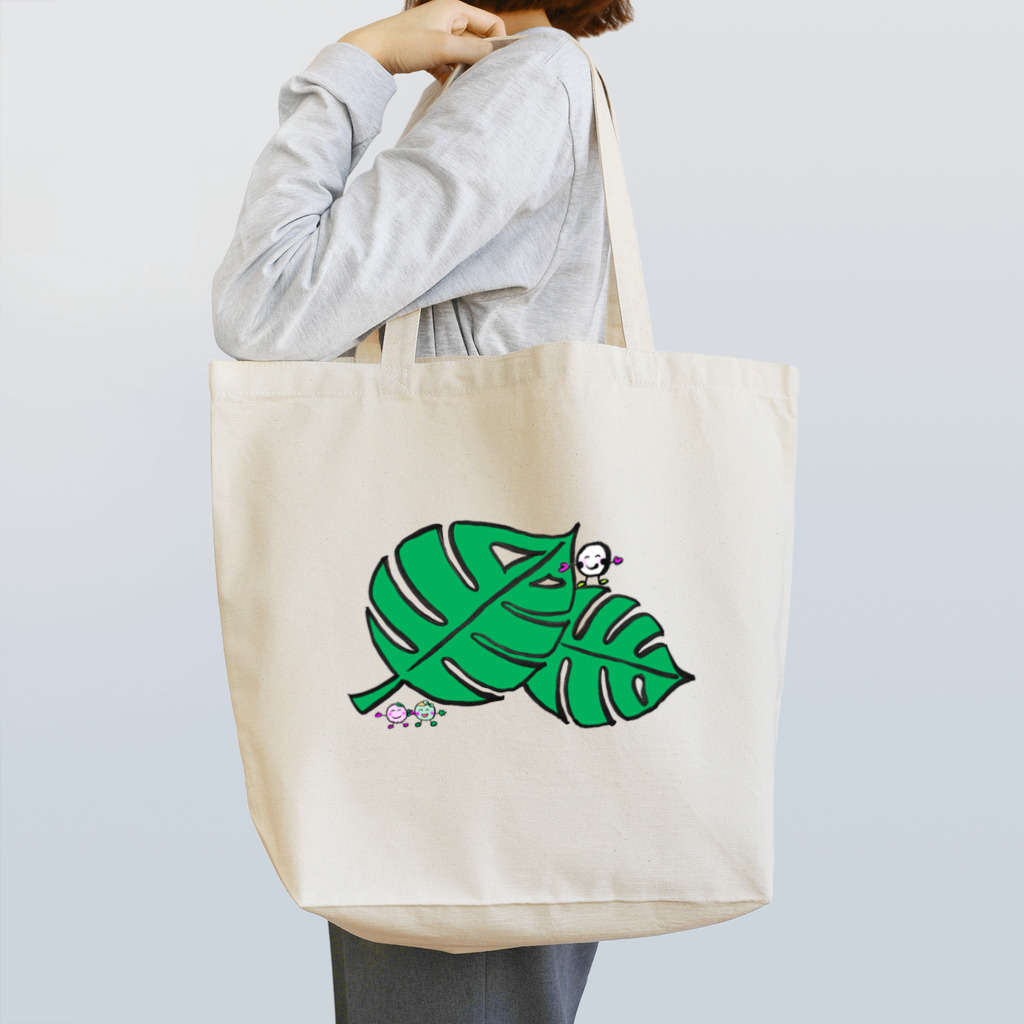 happy_mameのモンステラの葉っぱと豆ちゃん+もっちーず Tote Bag