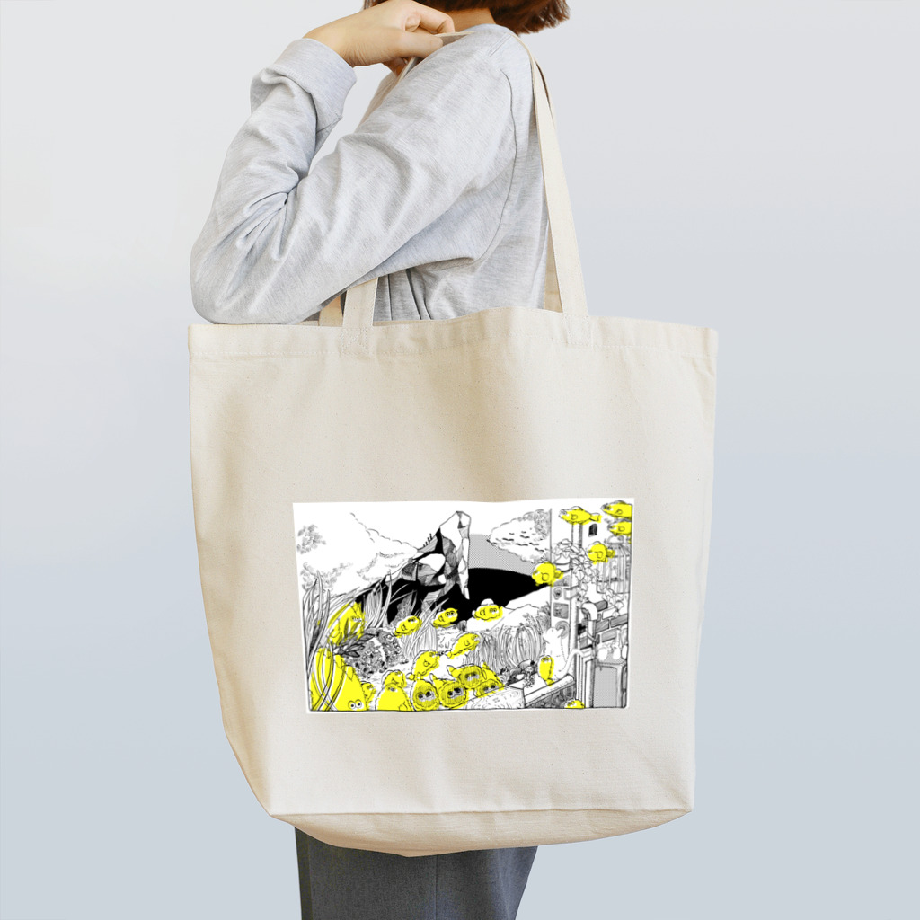 〆屋堂 suzuri店の大窓ともぎょ 黒 Tote Bag