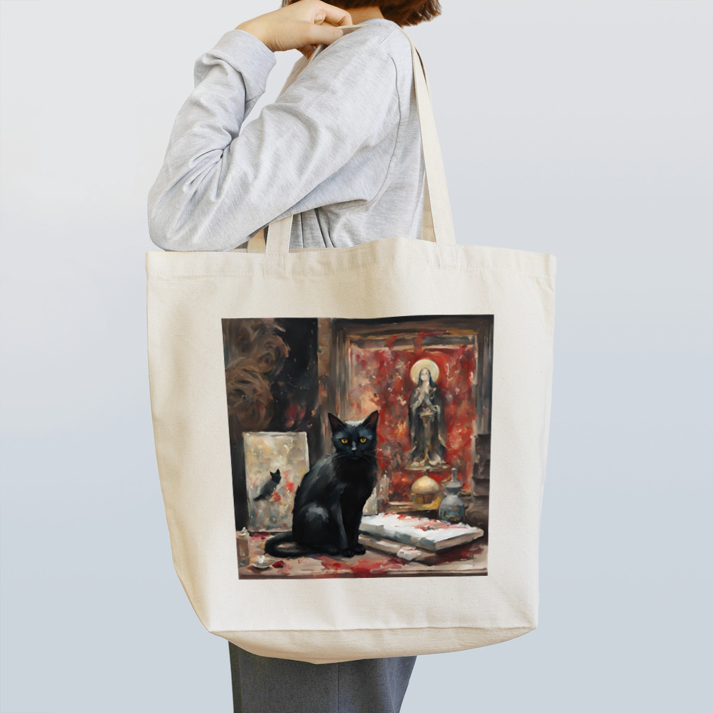 叶和の絵画風の黒猫🐈‍⬛ トートバッグ