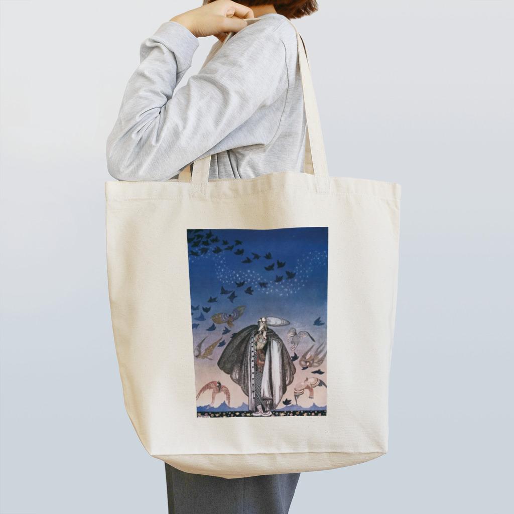 世界の絵画アートグッズのカイ・ニールセン《魔法の笛を吹く若い兵士と集まる鳥の群れ》 トートバッグ