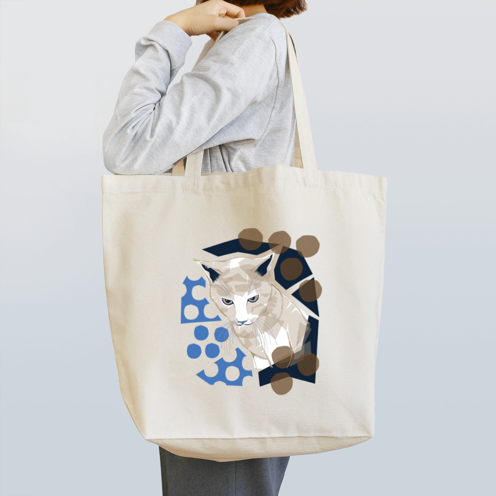 ねこじゃらしの水玉と猫 -polka dots and cat-（青茶） トートバッグ