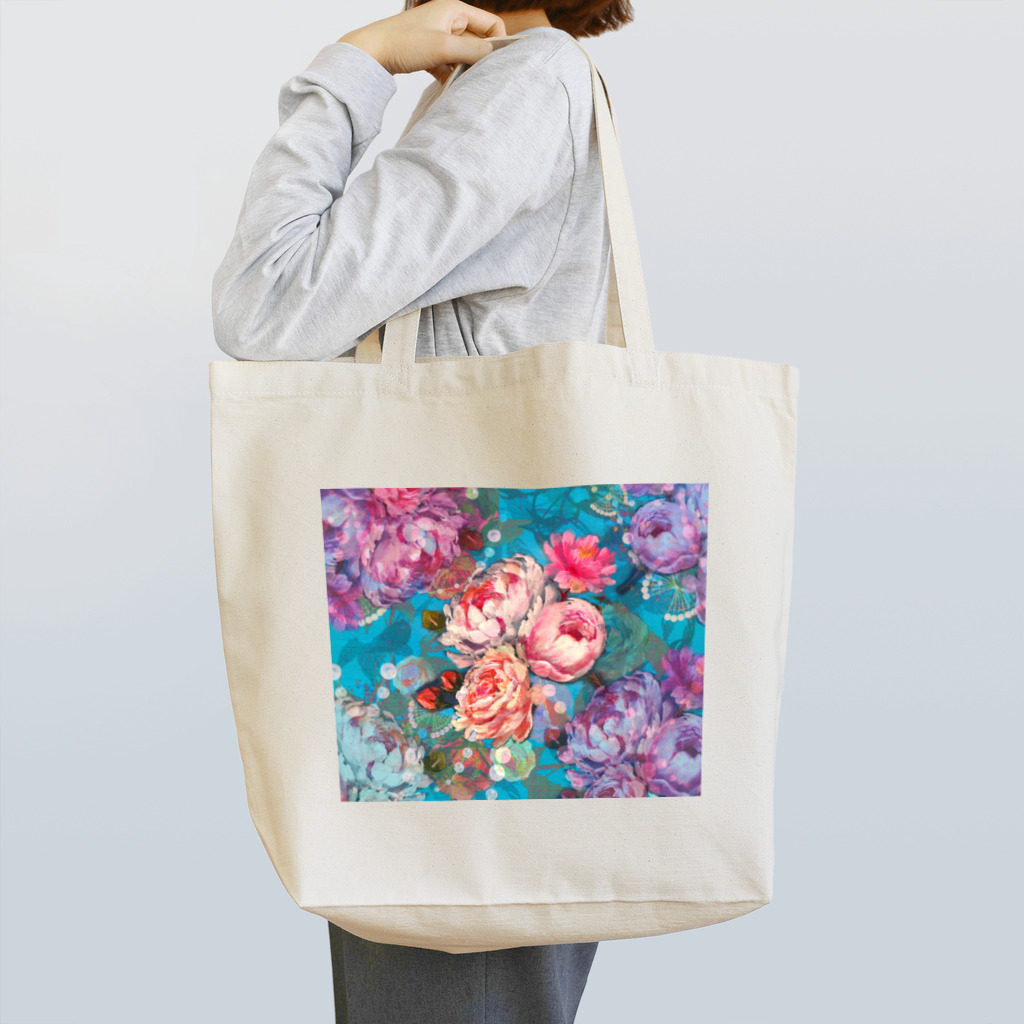 NORIMA'S SHOP の薔薇、芍薬、牡丹のボタニカルブーケと螺鈿模様の壁紙イラスト トートバッグ