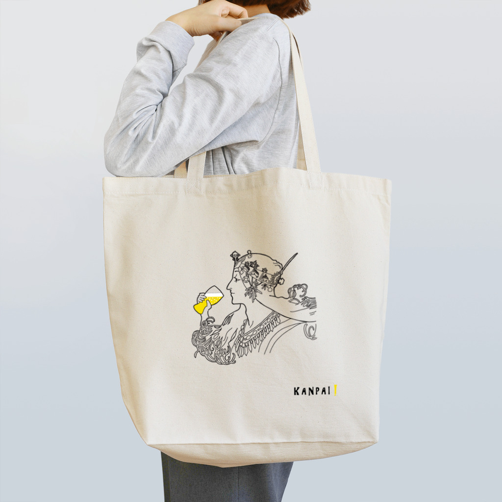 ビールとアート TM-3 Designの名画 × BEER（ミュシャ）白線画 Tote Bag