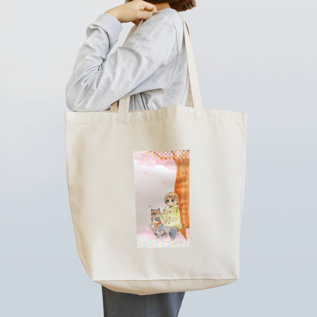 アンセルの猫と女の子と桜 トートバッグ