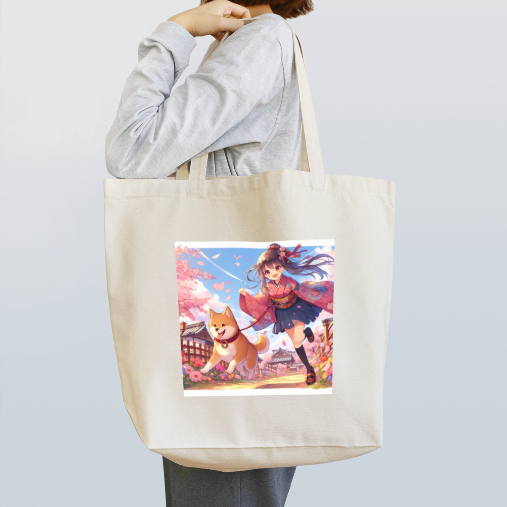推しの美少女とアイドルの桜の中を犬と走る女の子 トートバッグ