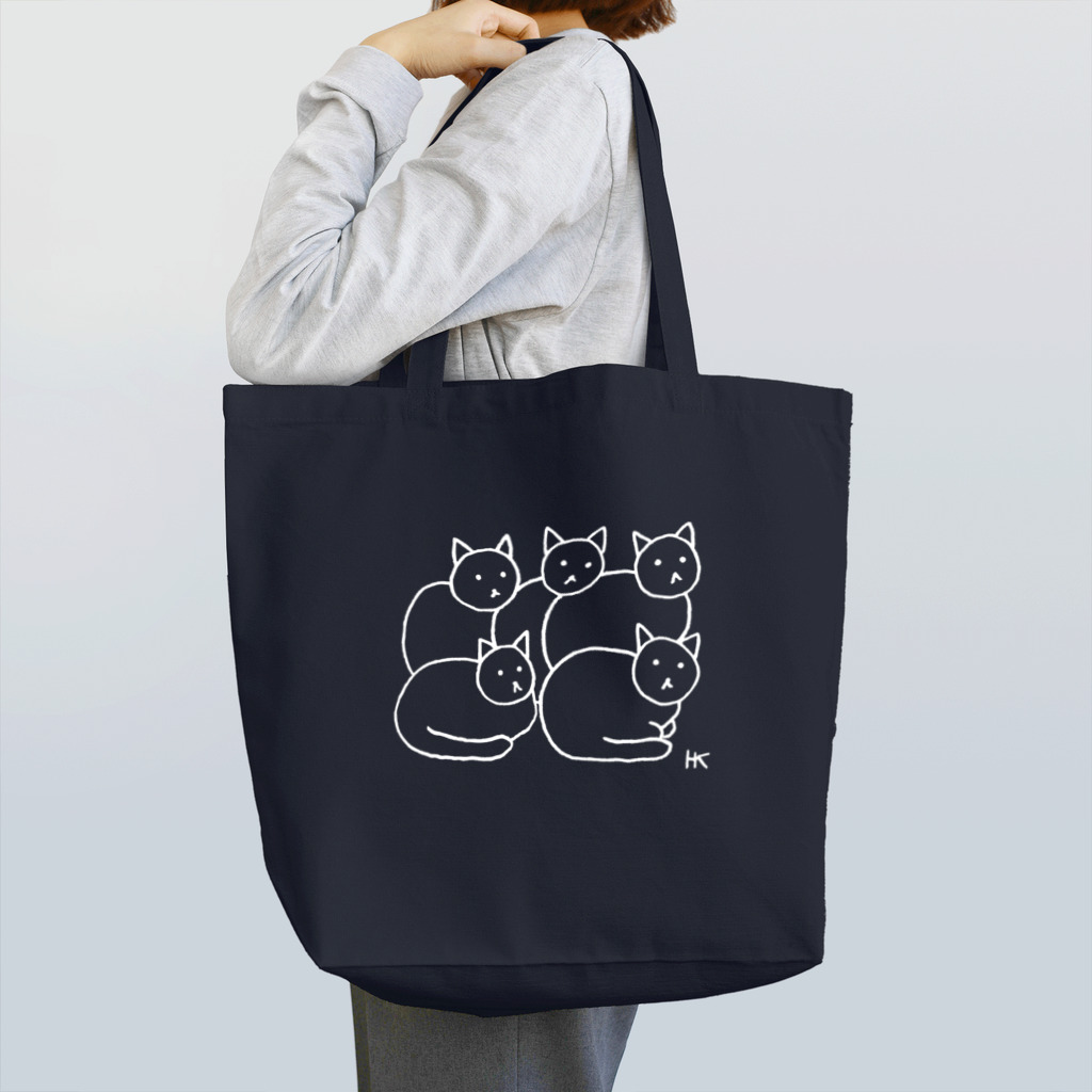 hk_illustrationのねこちゃんと５ひき白ライン トートバッグ