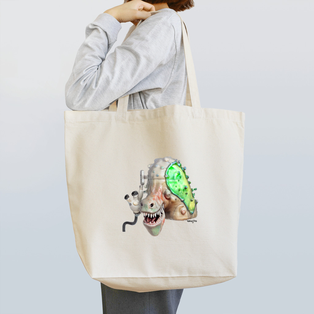 🍩tarojiro(たろじろ) shop🍩の恐竜に噛まれた時はシャワーで冷やすといい by AI Tote Bag