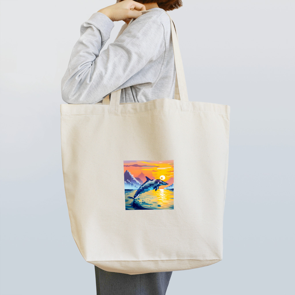 フリーダムの夕暮れの海で跳ねるイルカ　ピクセルアート Tote Bag