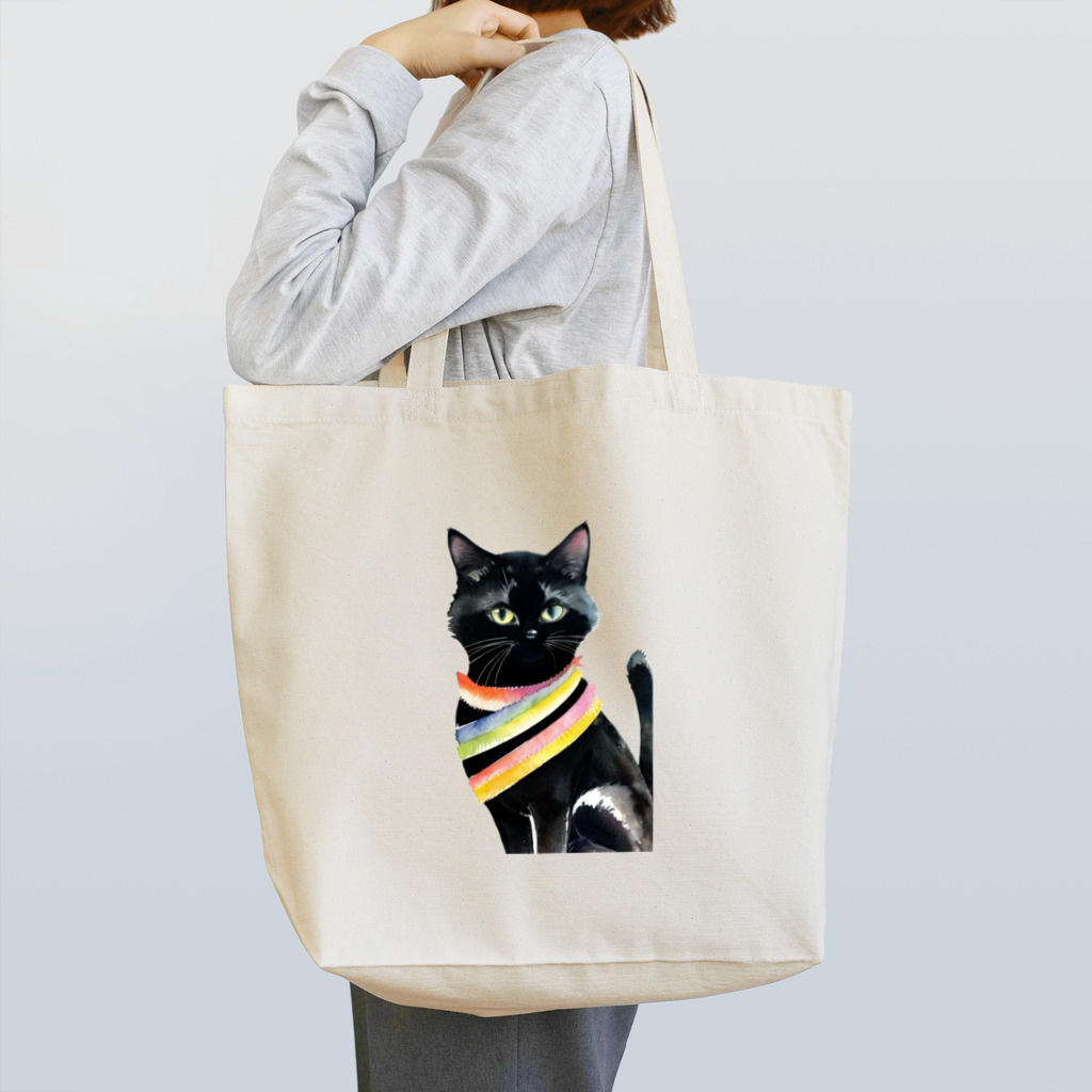 幸運のしっぽの黒猫と虹の首輪 Tote Bag