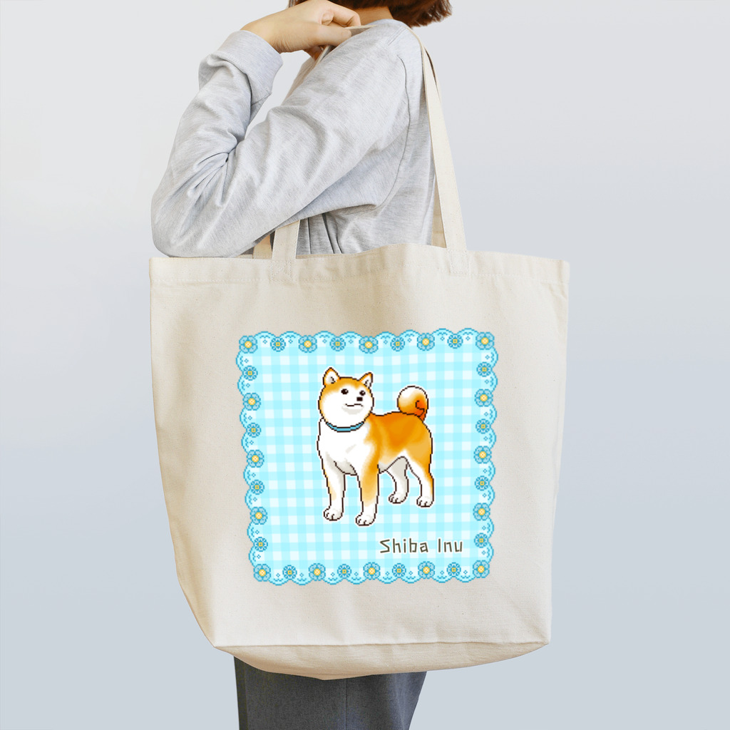 Shiba Inu Streetの水色の花フレームに囲まれた柴犬のドット絵 Tote Bag