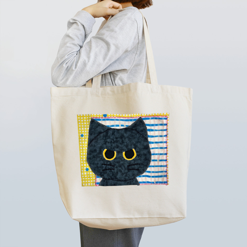 くろだまやさんの黒猫くろだまの手縫いアップリケ風 Tote Bag