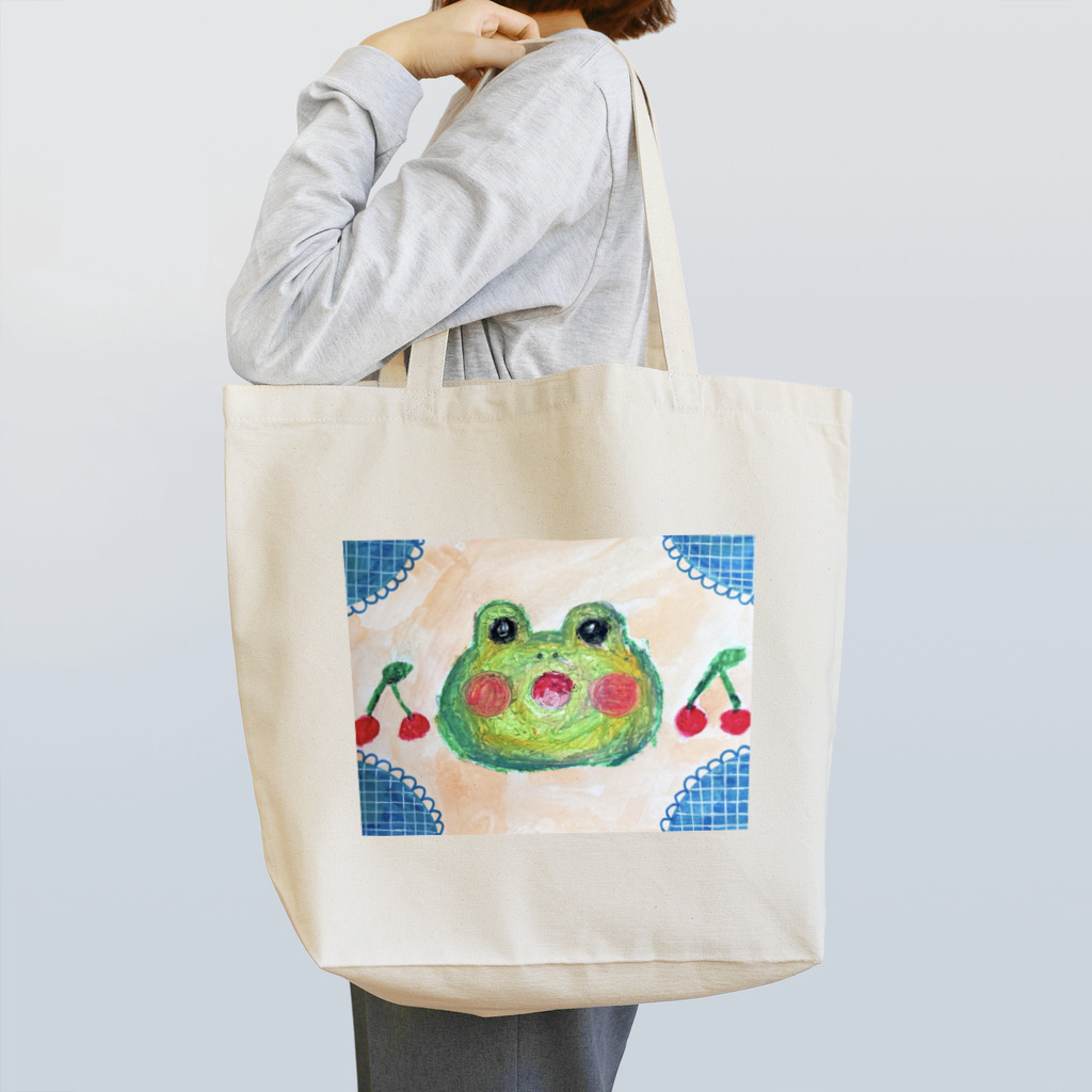 夢色すみれ🍓🌼@ハンドメイドに熱中のクレパスで描いたカエルさん さくらんぼ Tote Bag