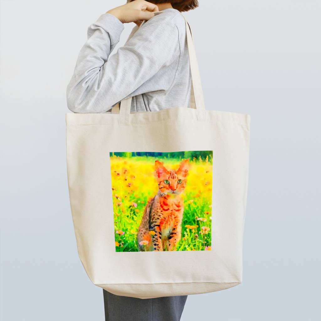 猫好きの谷の猫の水彩画/花畑のオシキャットねこのイラスト/キジトラネコ Tote Bag